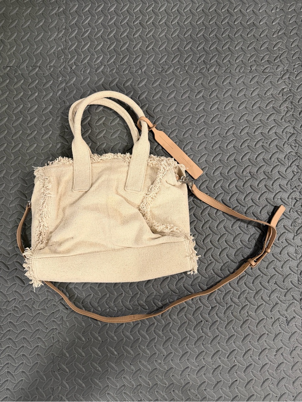 Lucky Brand Beige Canvas Fringe Tote with Brown Strap